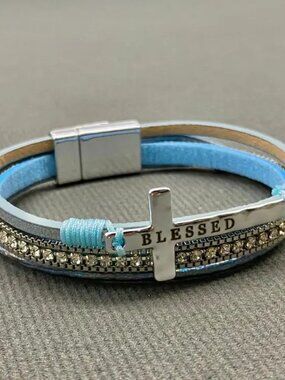 “Blessed” Multi-Layer Cross & Rhinestones Faux Leather Bracelet - Blue